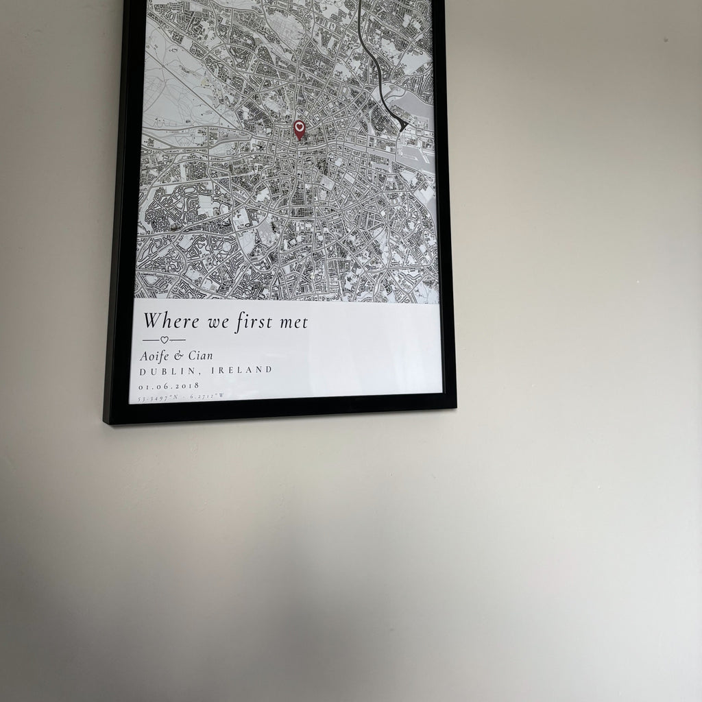 Close view of a personalised Dublin map print with a red heart marker